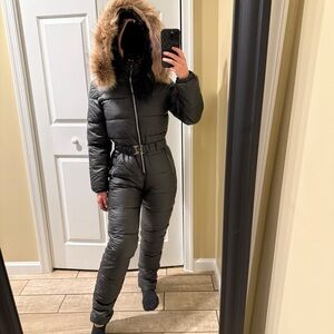 Overall Jumpsuit Romper Ski Suit Winter Set Real Fur One Piece Unitard Tracksuit